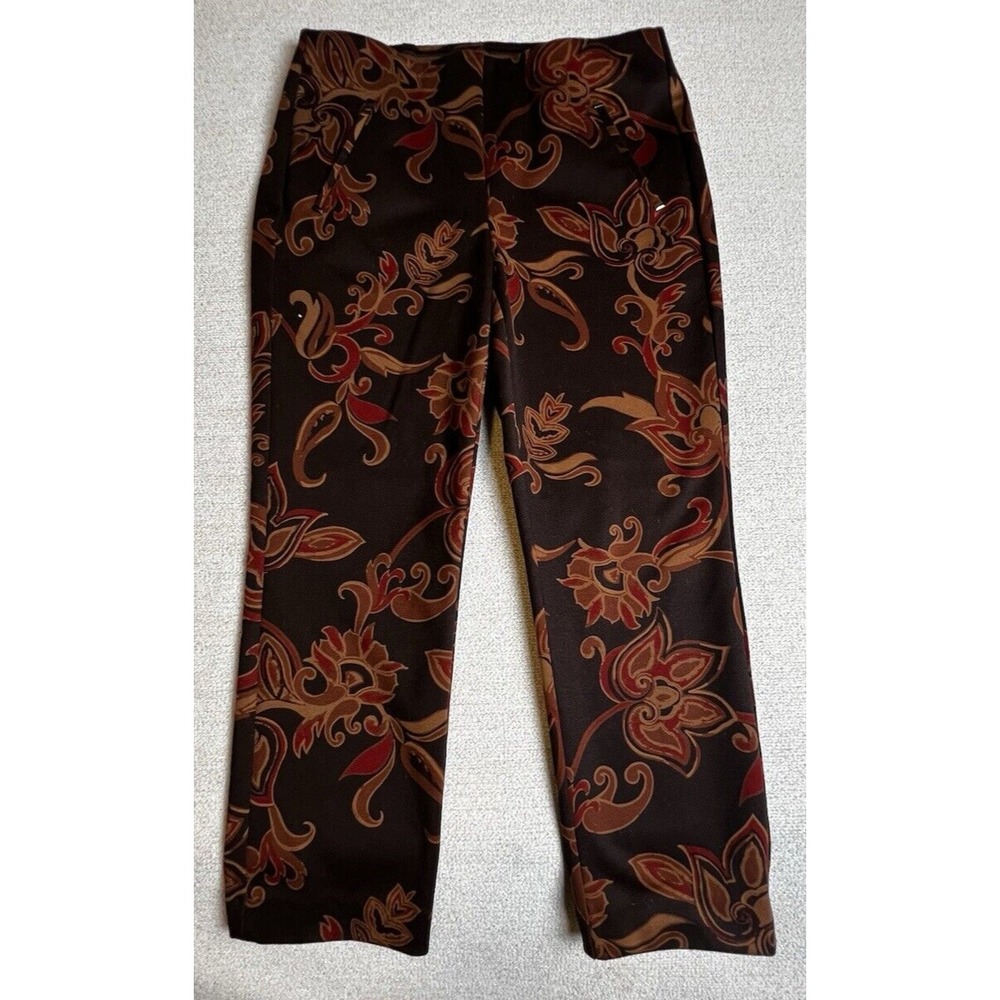 Chicos Stretch Pants Ethnic Floral Print Trousers Sz 8 Work Travel Business Work